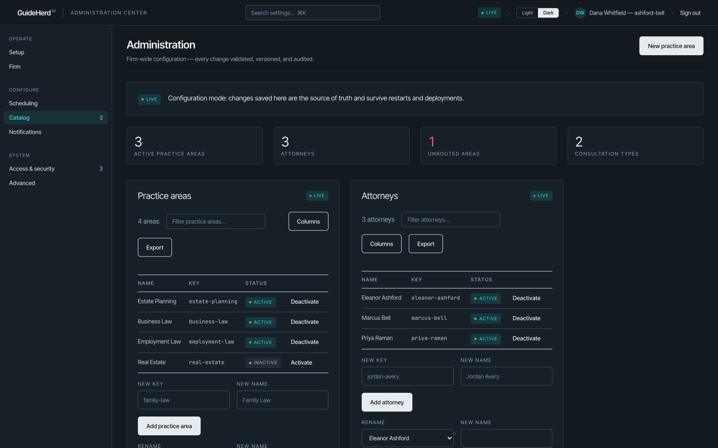 The Administration Center catalog workspace in dark mode: KPI strip, practice areas and attorneys tables with filter, column, and export controls.