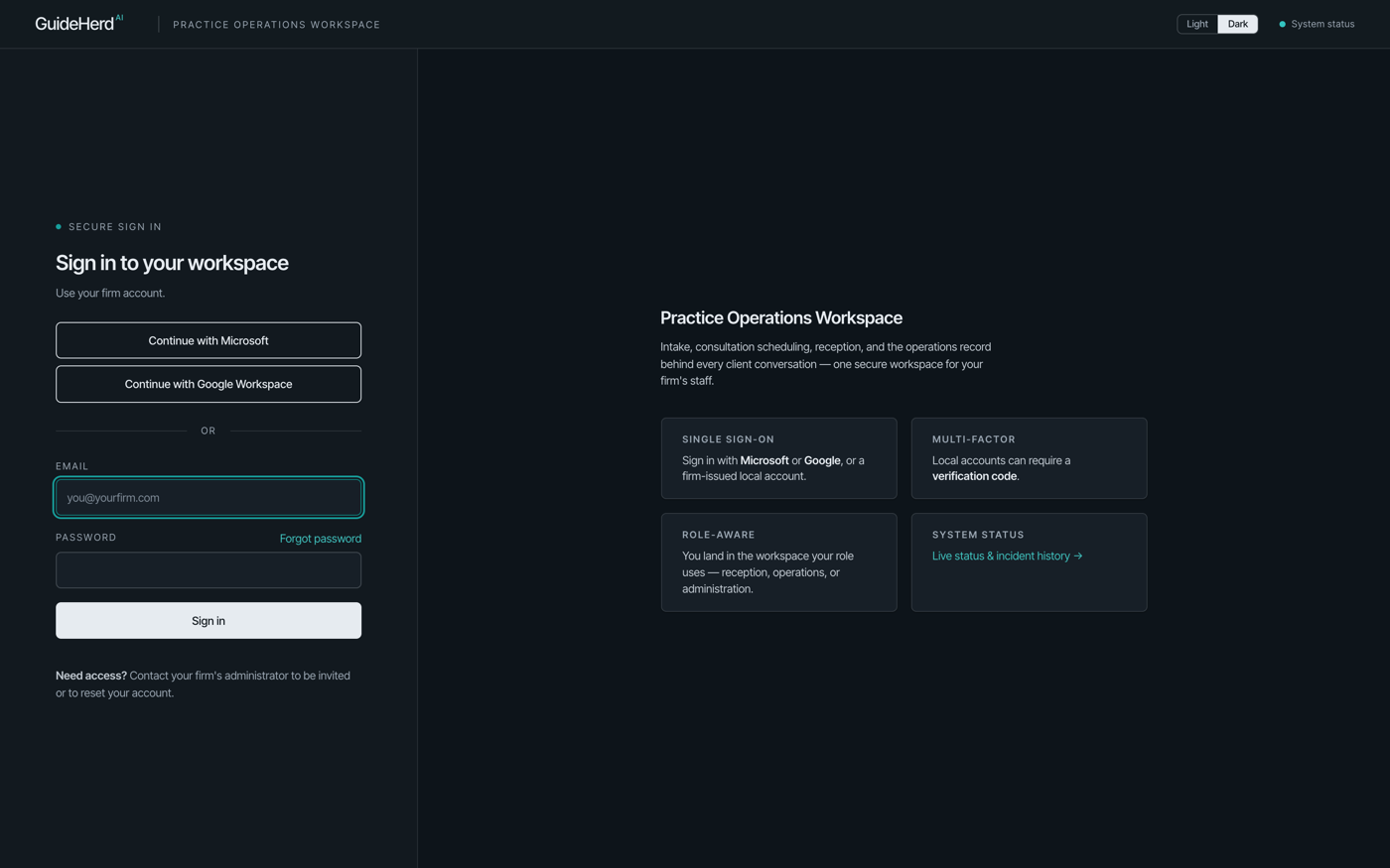 The GuideHerd sign-in page in dark mode: Continue with Microsoft, Continue with Google Workspace, or a firm-issued account with email and password.
